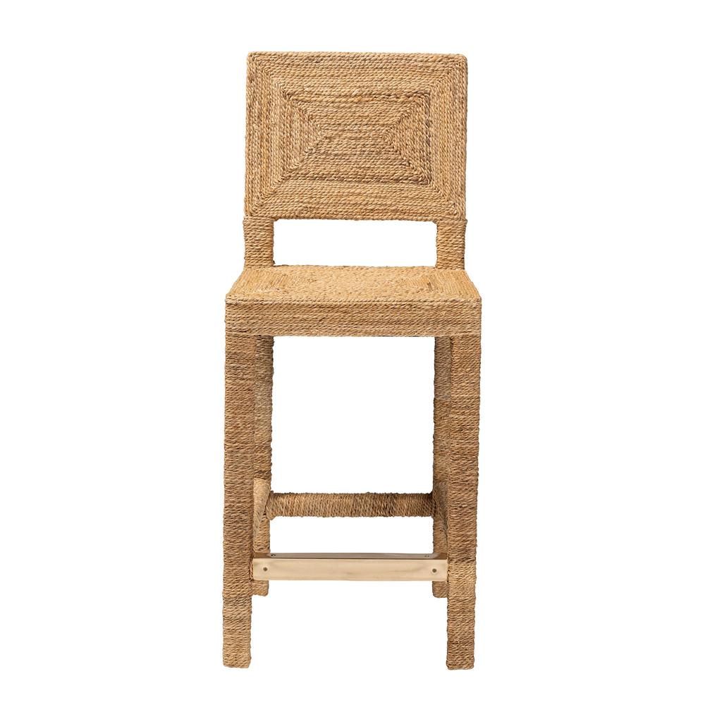 Anfield Modern Bohemian Natural Seagrass and Mahogany Wood Counter Stool. Picture 12