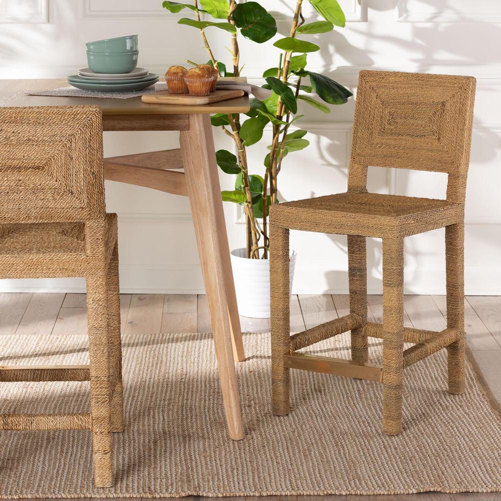 Anfield Modern Bohemian Natural Seagrass and Mahogany Wood Counter Stool. Picture 18