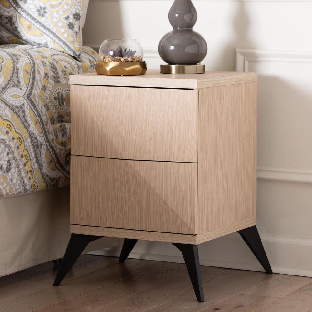 Modern Two-Tone Light Brown and Black Wood 2-Drawer Nightstand. Picture 16