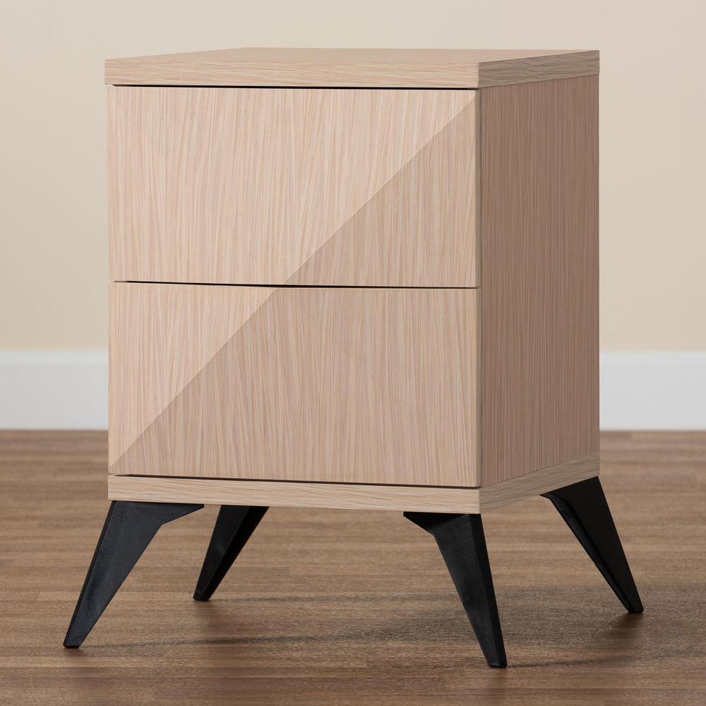 Modern Two-Tone Light Brown and Black Wood 2-Drawer Nightstand. Picture 17