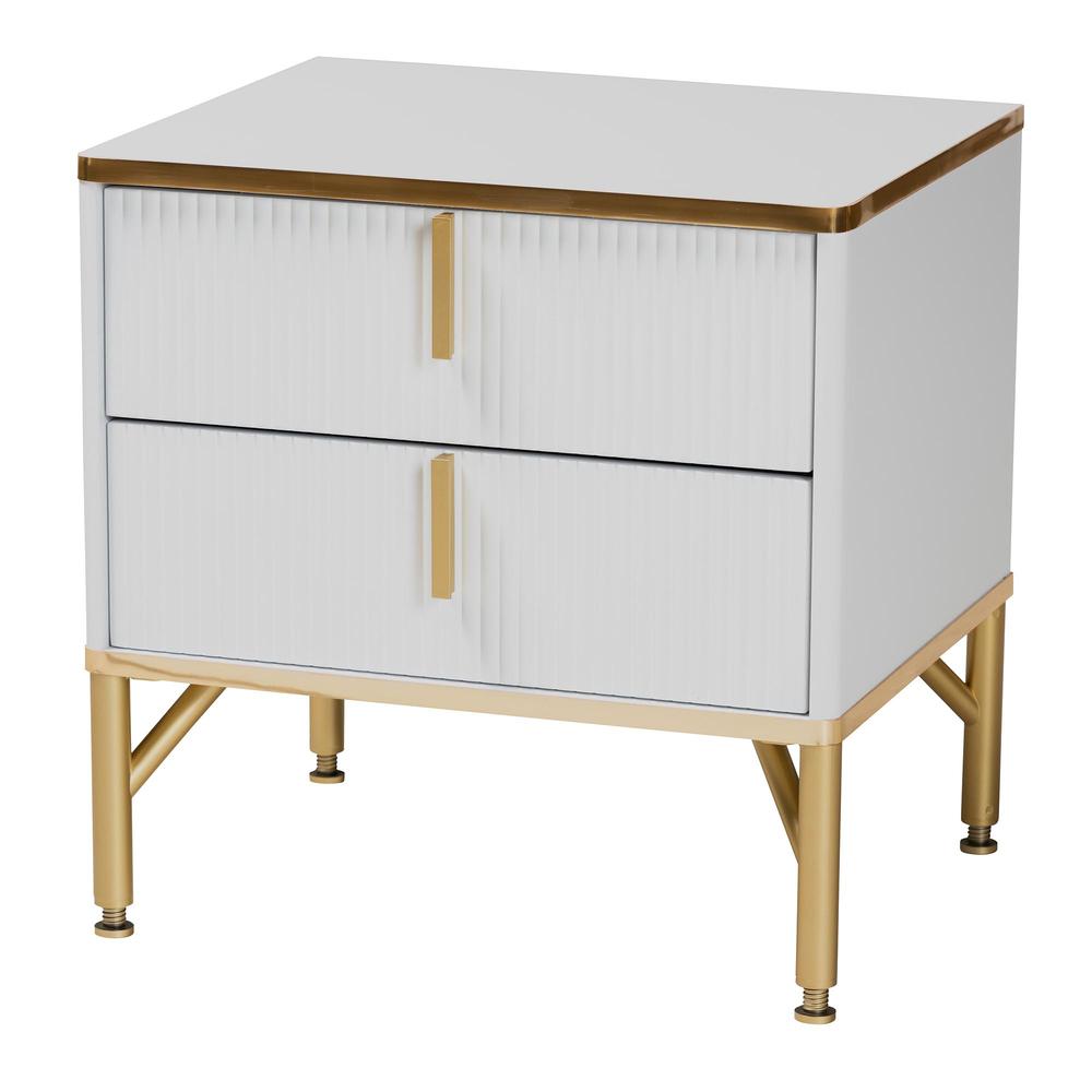 Lilac Modern Glam White Wood and Gold Metal 2-Drawer Nightstand. Picture 11