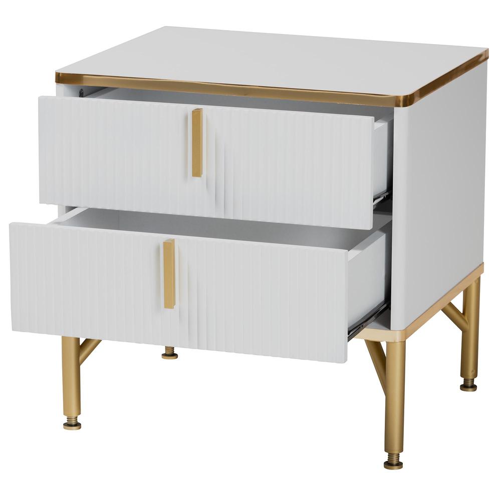 Lilac Modern Glam White Wood and Gold Metal 2-Drawer Nightstand. Picture 12
