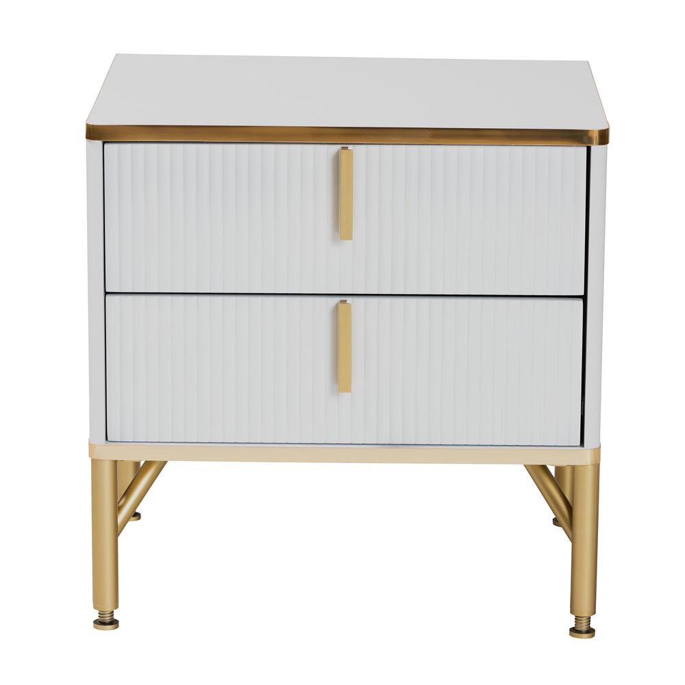 Lilac Modern Glam White Wood and Gold Metal 2-Drawer Nightstand. Picture 13