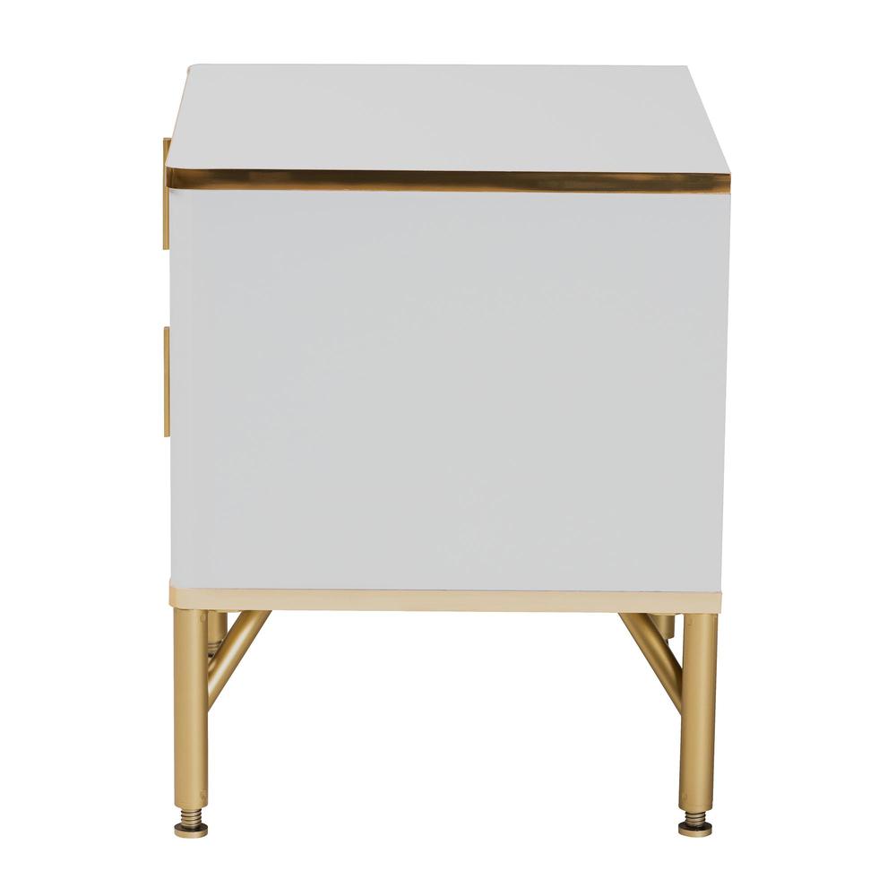 Lilac Modern Glam White Wood and Gold Metal 2-Drawer Nightstand. Picture 14