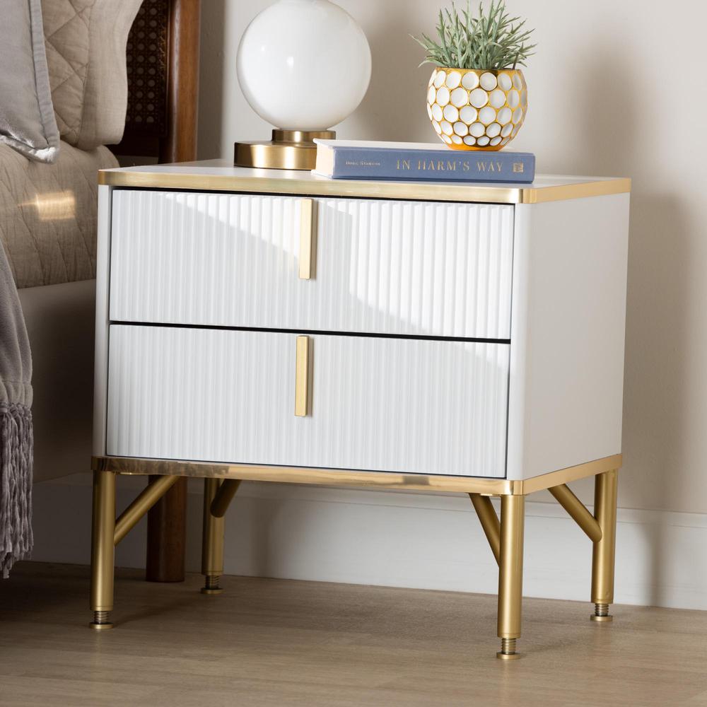 Lilac Modern Glam White Wood and Gold Metal 2-Drawer Nightstand. Picture 18