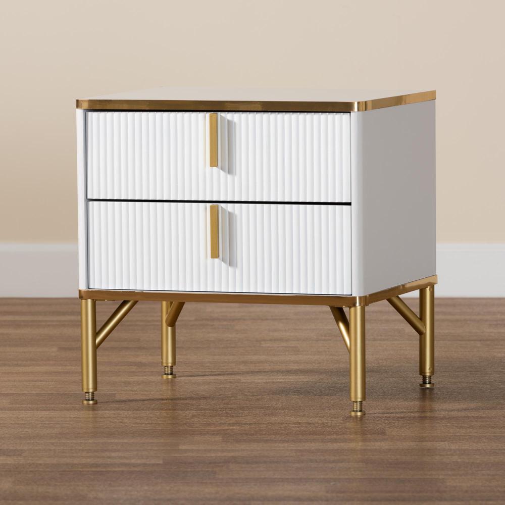 Lilac Modern Glam White Wood and Gold Metal 2-Drawer Nightstand. Picture 19