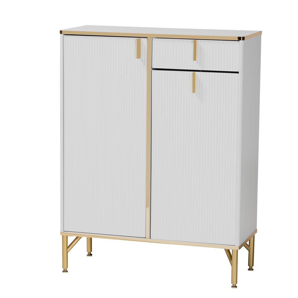 Lilac Modern Glam White Wood and Gold Metal 2-Door Shoe Cabinet. Picture 12