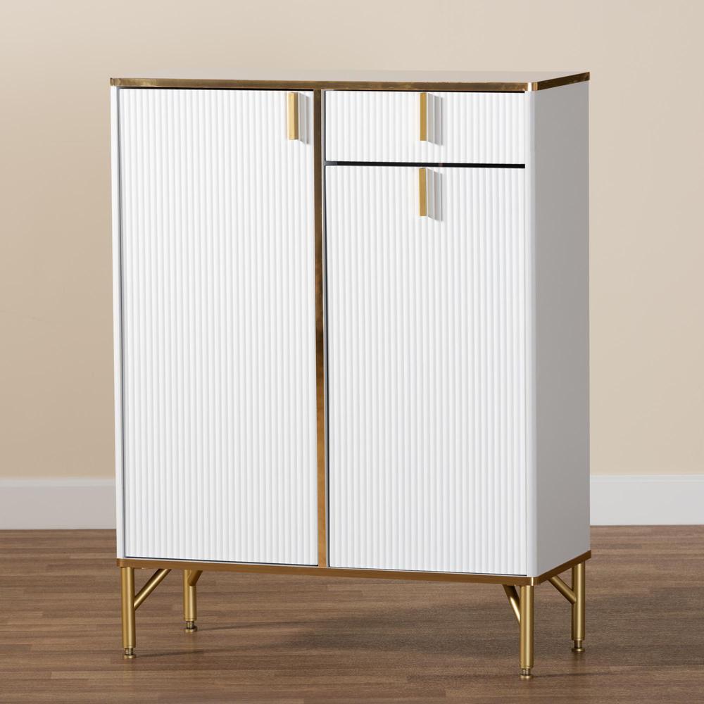 Lilac Modern Glam White Wood and Gold Metal 2-Door Shoe Cabinet. Picture 21