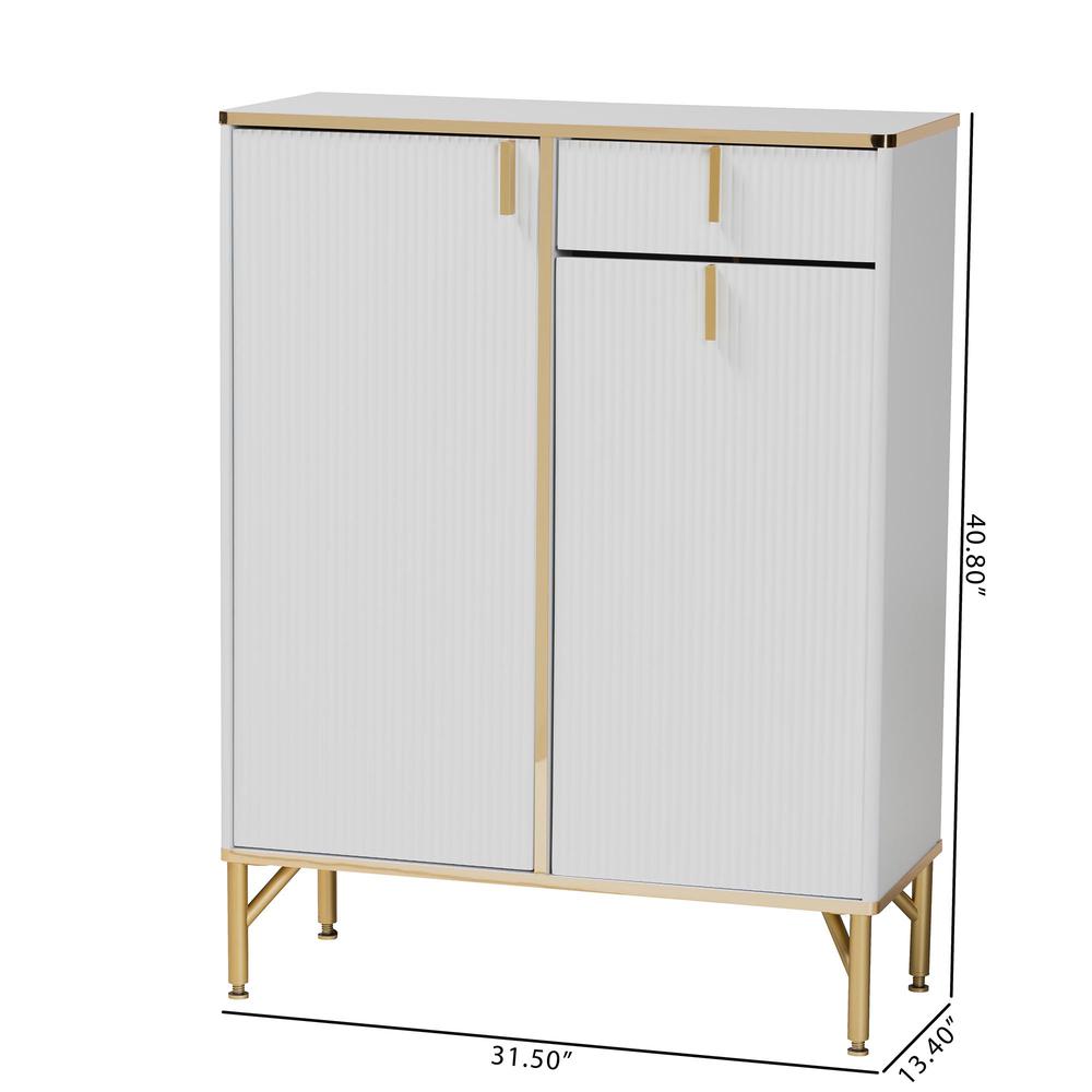 Lilac Modern Glam White Wood and Gold Metal 2-Door Shoe Cabinet. Picture 22