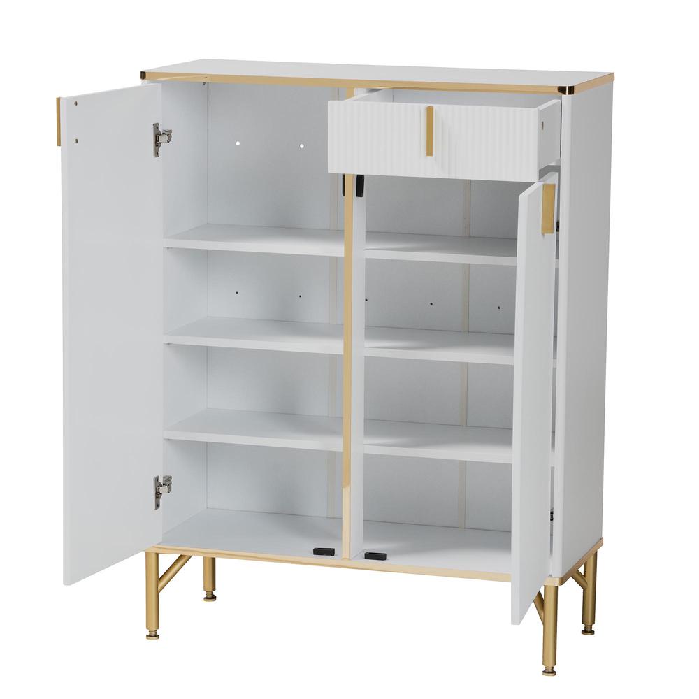 Lilac Modern Glam White Wood and Gold Metal 2-Door Shoe Cabinet. Picture 13
