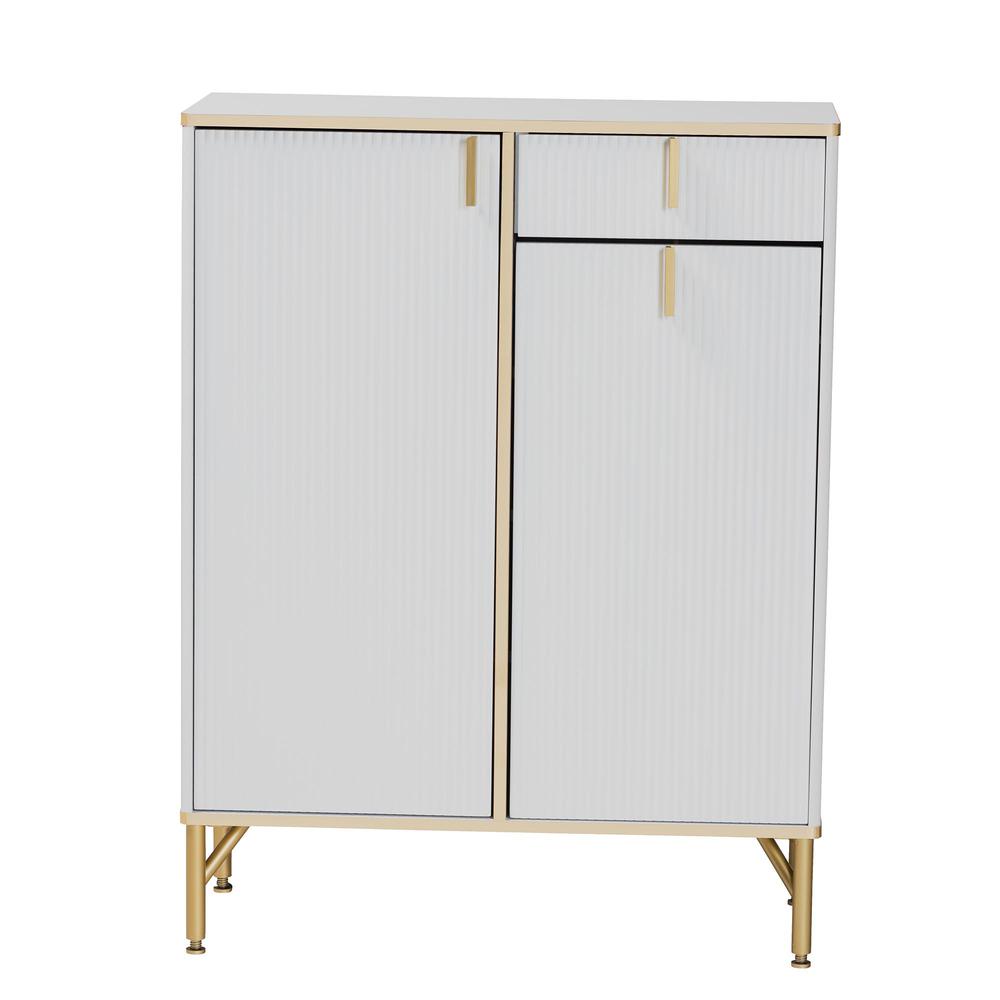 Lilac Modern Glam White Wood and Gold Metal 2-Door Shoe Cabinet. Picture 14