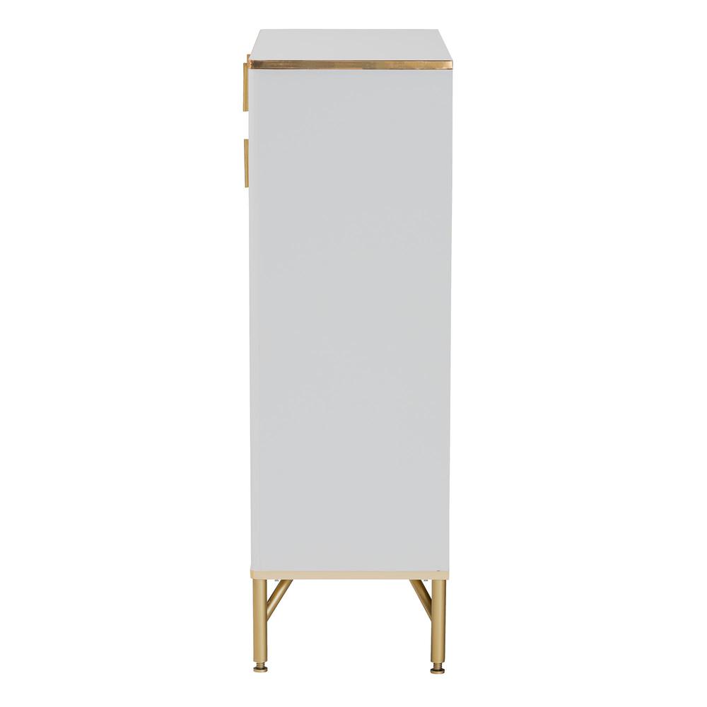 Lilac Modern Glam White Wood and Gold Metal 2-Door Shoe Cabinet. Picture 15