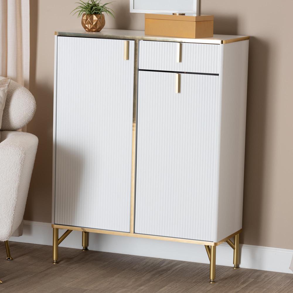 Lilac Modern Glam White Wood and Gold Metal 2-Door Shoe Cabinet. Picture 19