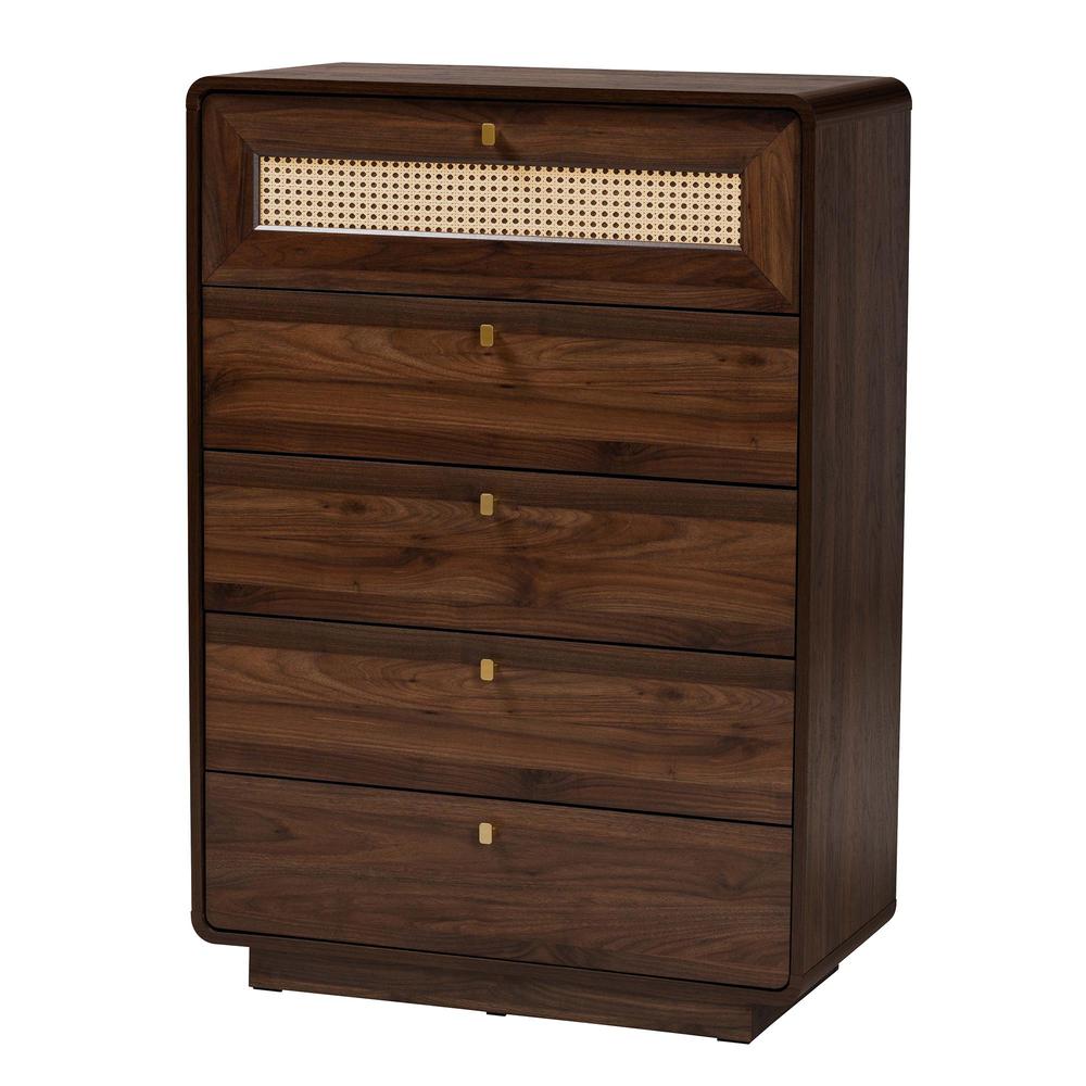 Jenibelle Classic Walnut Brown Wood 5-Drawer Chest with Rattan Drawer. Picture 11
