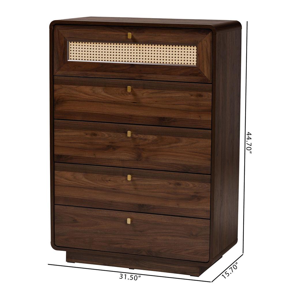 Jenibelle Classic Walnut Brown Wood 5-Drawer Chest with Rattan Drawer. Picture 20