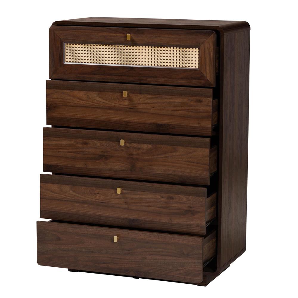 Jenibelle Classic Walnut Brown Wood 5-Drawer Chest with Rattan Drawer. Picture 12