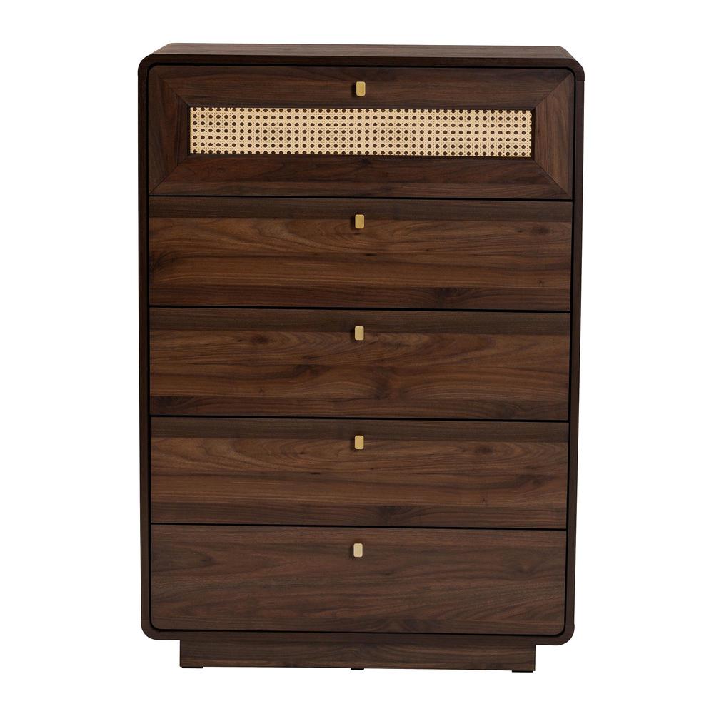 Jenibelle Classic Walnut Brown Wood 5-Drawer Chest with Rattan Drawer. Picture 13
