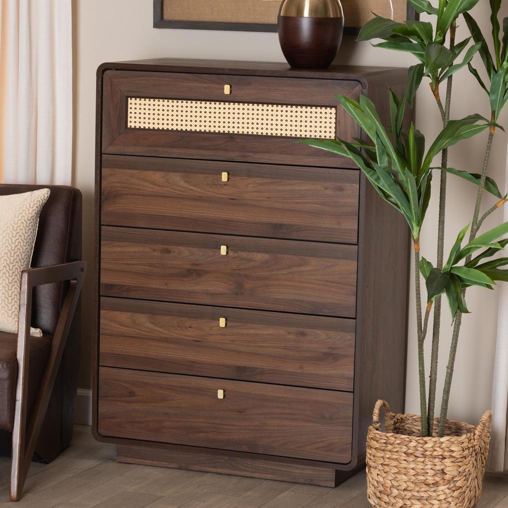Jenibelle Classic Walnut Brown Wood 5-Drawer Chest with Rattan Drawer. Picture 18