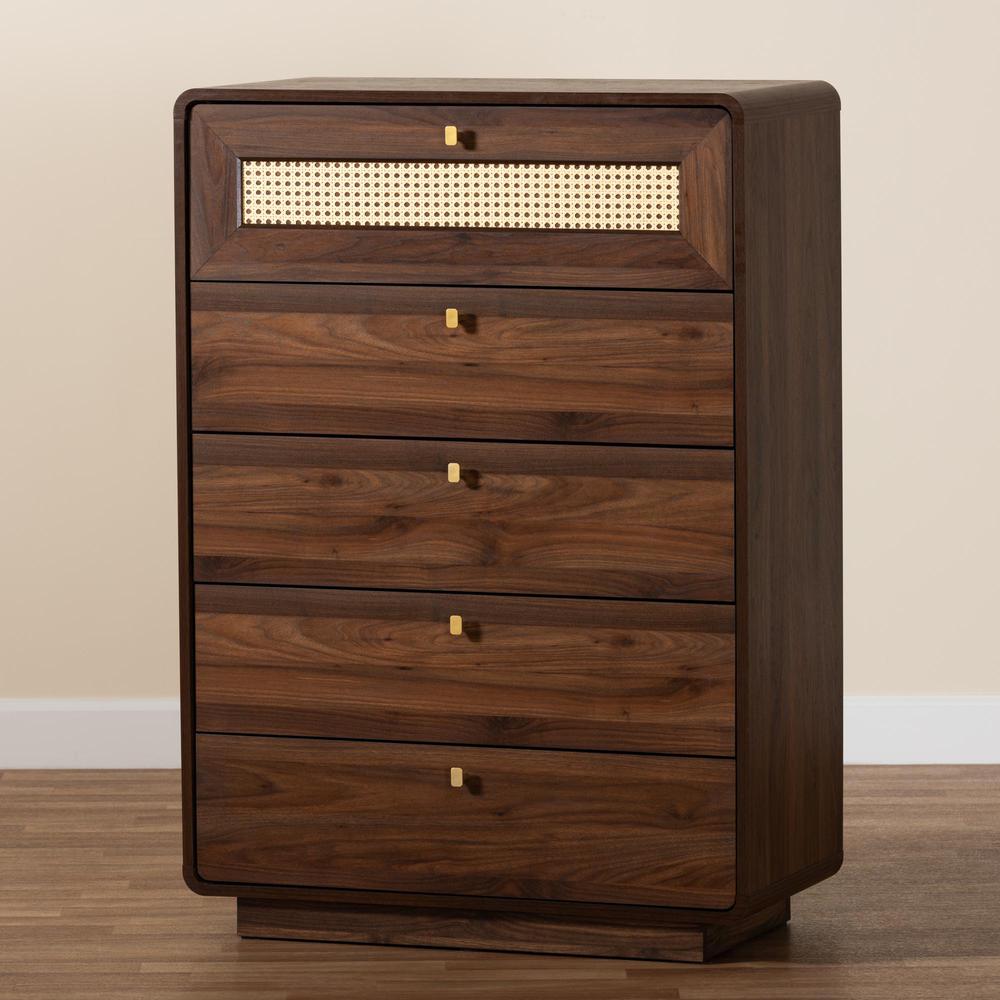 Jenibelle Classic Walnut Brown Wood 5-Drawer Chest with Rattan Drawer. Picture 19