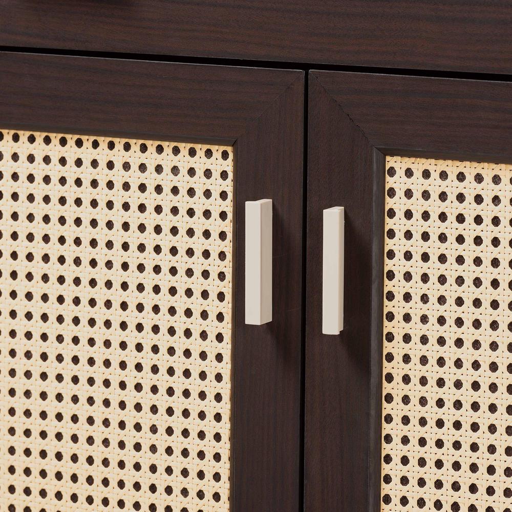 Mid-Century Modern Espresso Brown Wood 2-Door Shoe Cabinet with Rattan Door. Picture 16