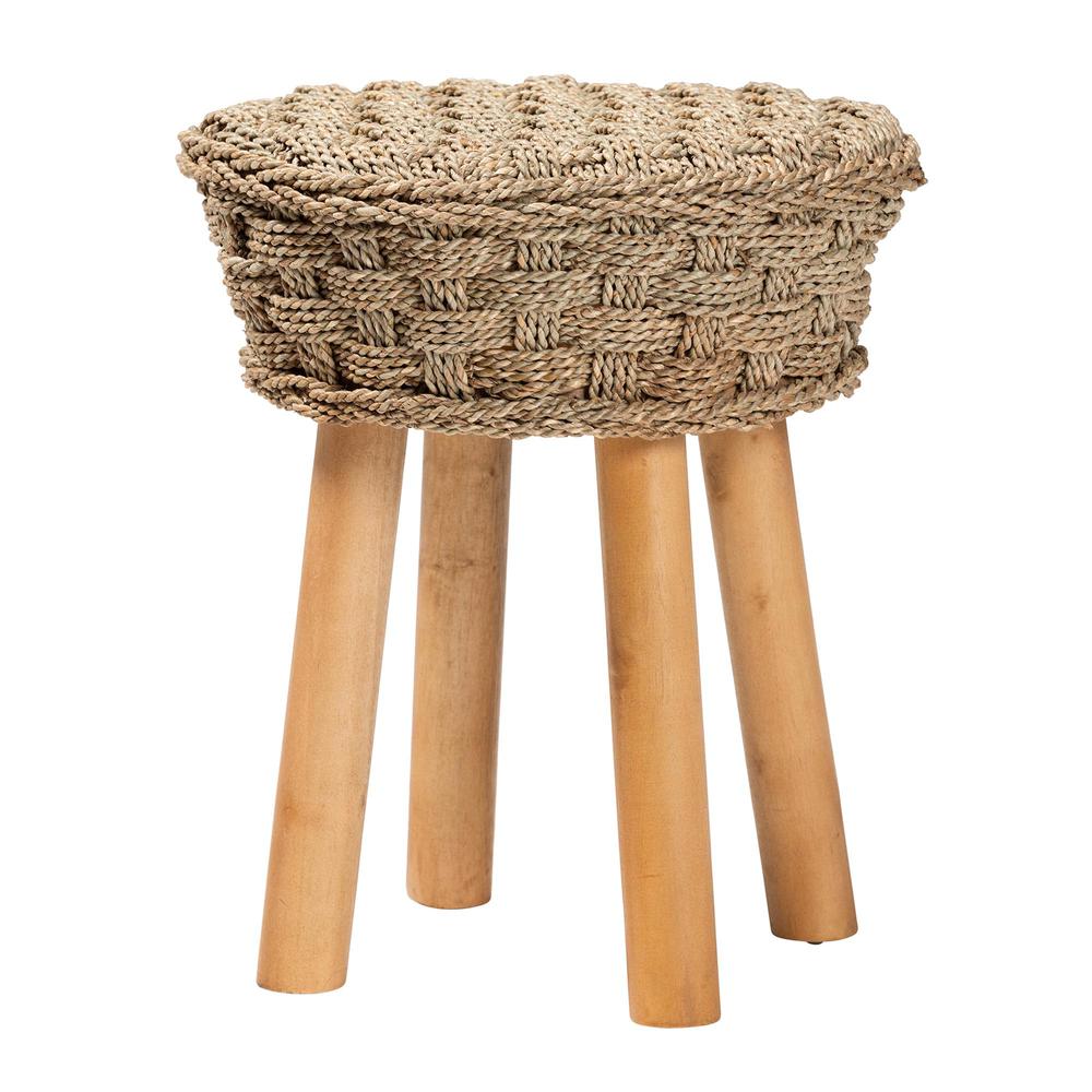 Denver Modern Bohemian Natural Seagrass and Acacia Wood Stool. Picture 9