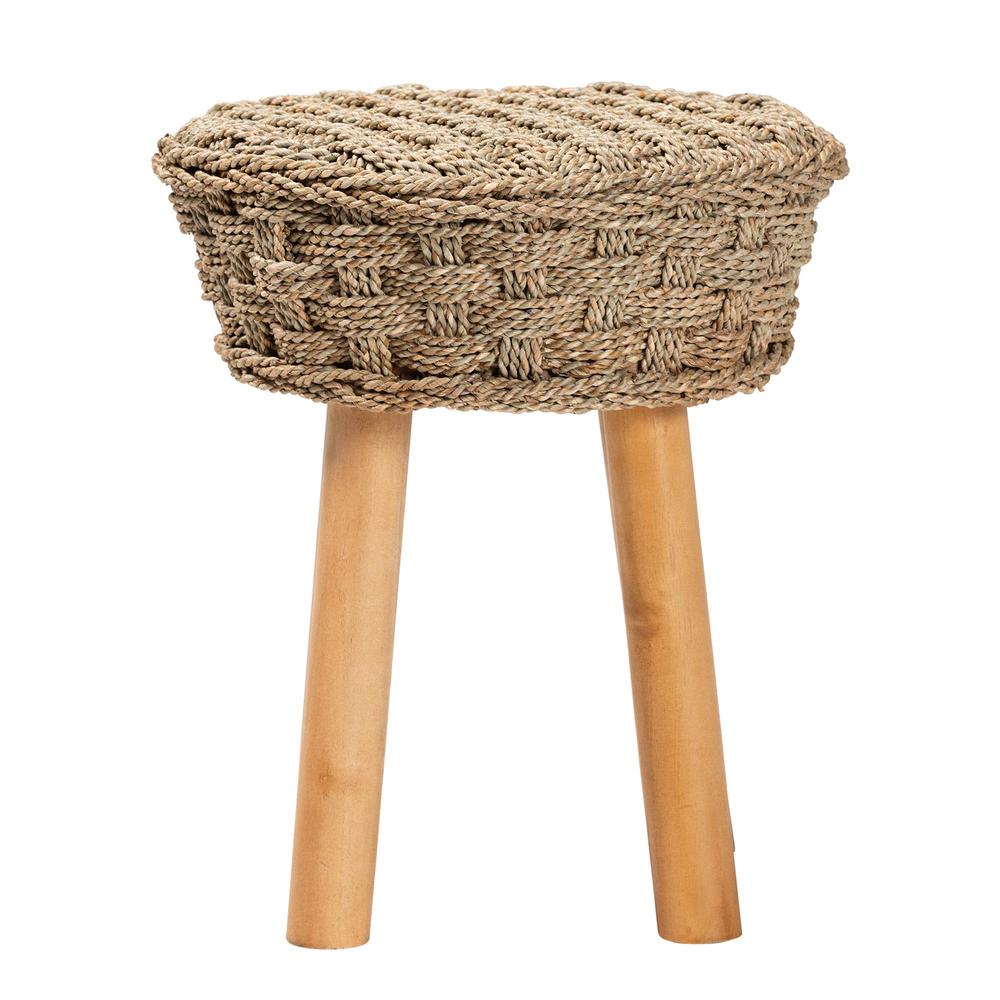 Denver Modern Bohemian Natural Seagrass and Acacia Wood Stool. Picture 10