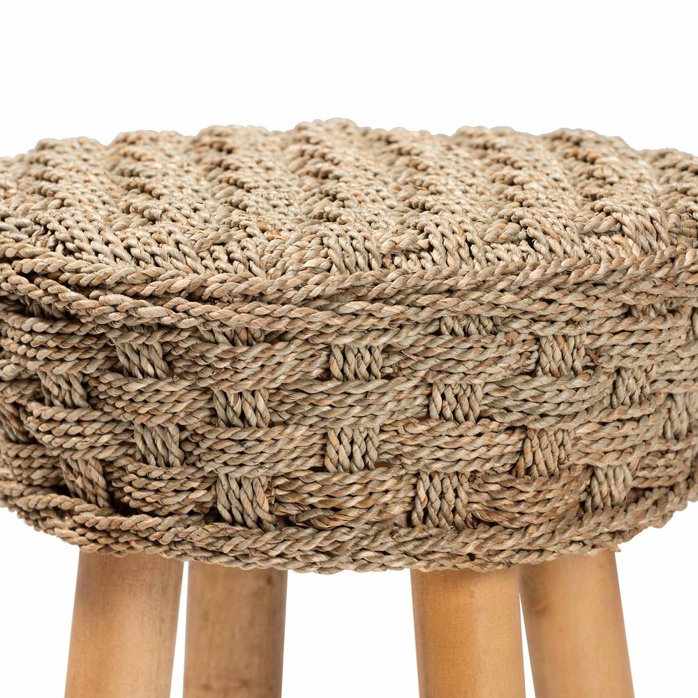 Denver Modern Bohemian Natural Seagrass and Acacia Wood Stool. Picture 11