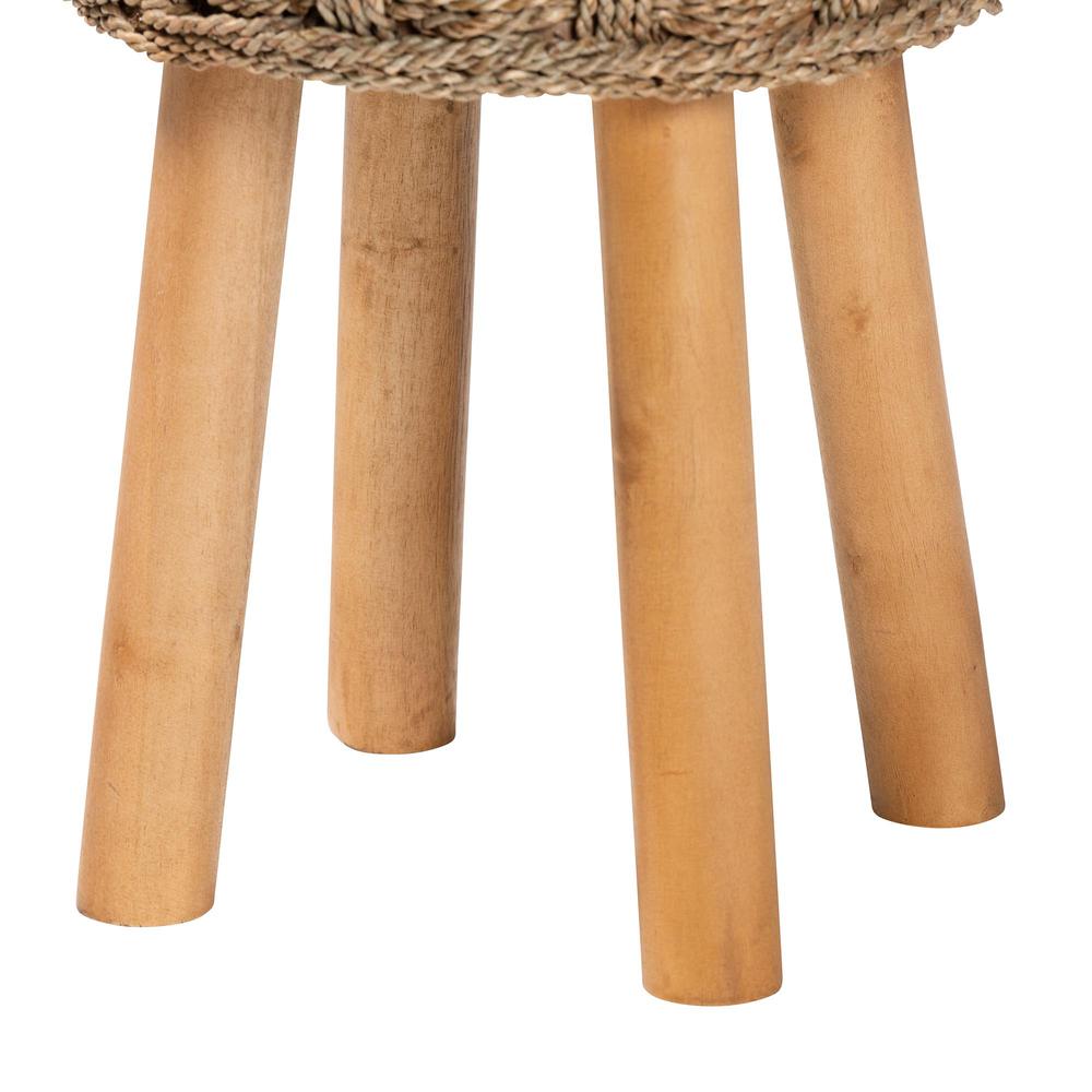 Denver Modern Bohemian Natural Seagrass and Acacia Wood Stool. Picture 12