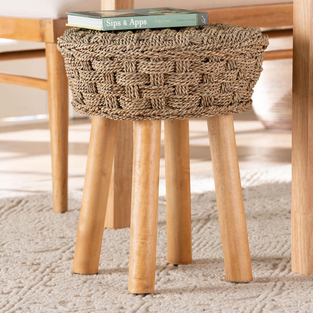 Denver Modern Bohemian Natural Seagrass and Acacia Wood Stool. Picture 14