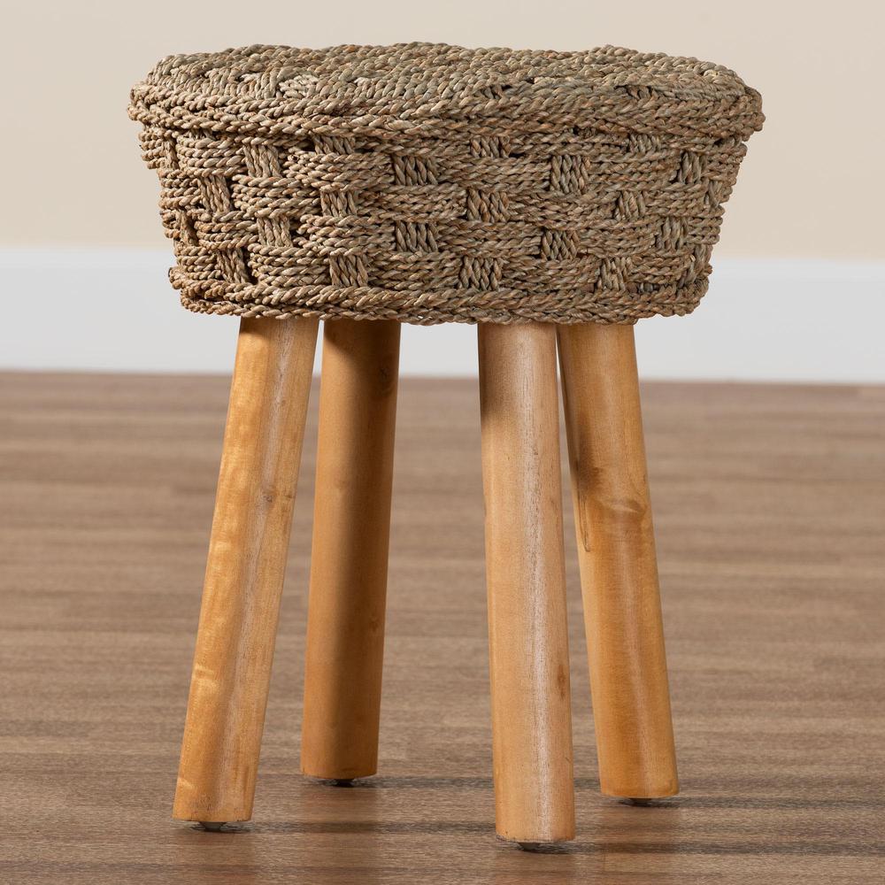 Denver Modern Bohemian Natural Seagrass and Acacia Wood Stool. Picture 15