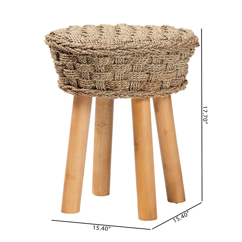 Denver Modern Bohemian Natural Seagrass and Acacia Wood Stool. Picture 16