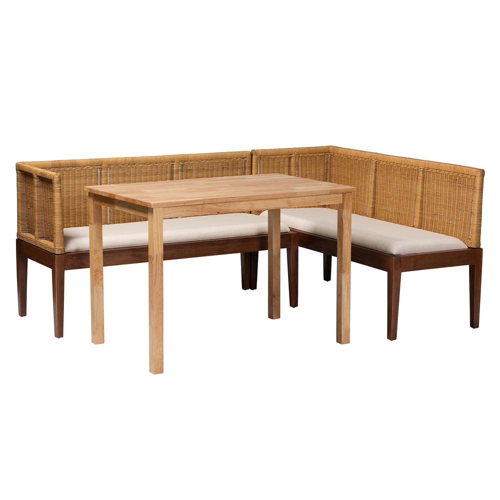 Bohemian Natural Brown Rattan and Brown Acacia Wood 3-Piece Dining Nook set. Picture 11