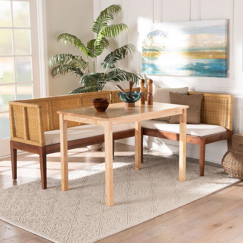 Bohemian Natural Brown Rattan and Brown Acacia Wood 3-Piece Dining Nook set. Picture 18