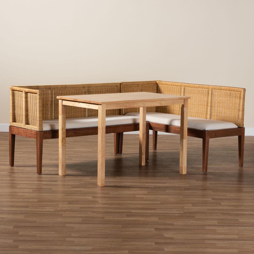 Bohemian Natural Brown Rattan and Brown Acacia Wood 3-Piece Dining Nook set. Picture 19