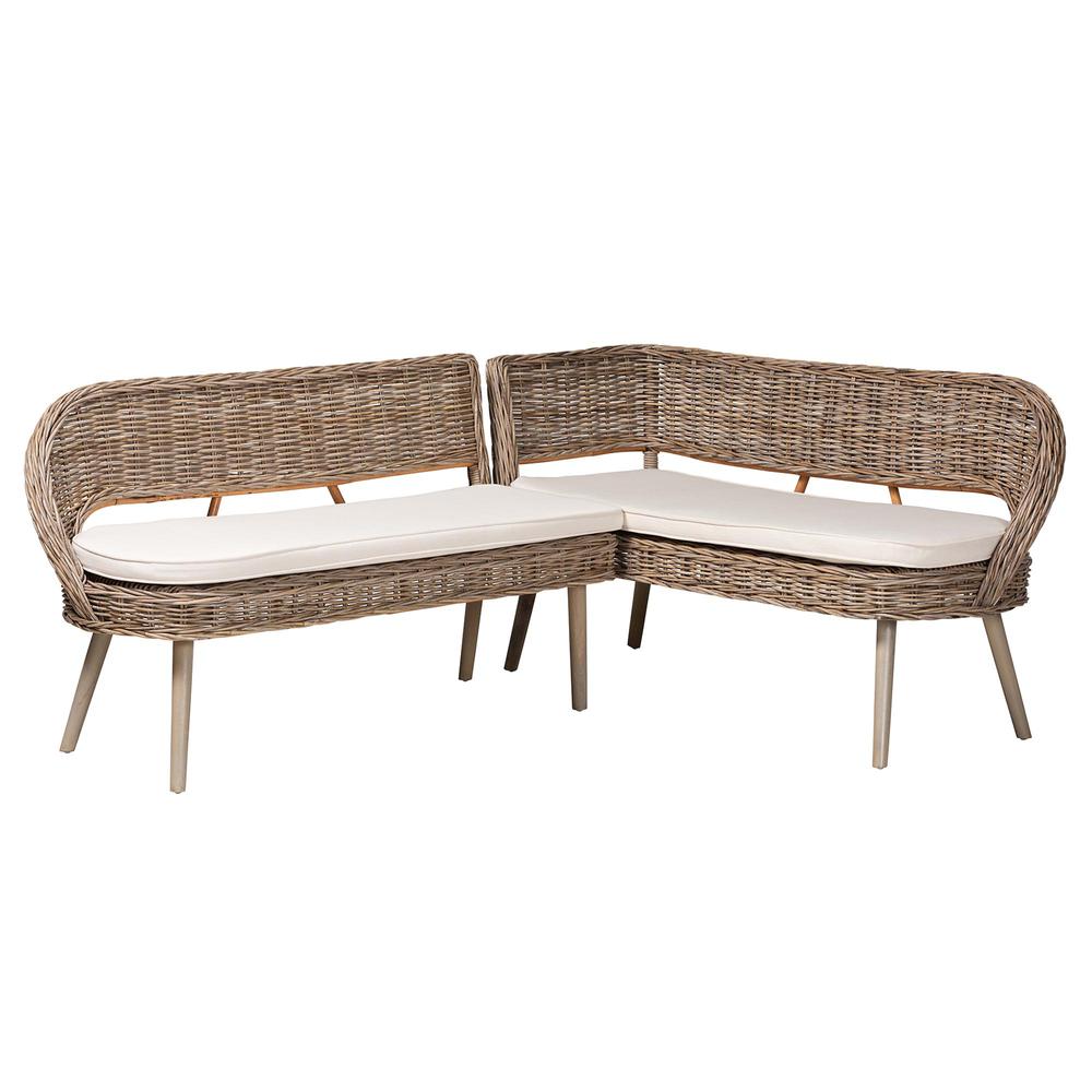 Natural Kubu Rattan and Grey Acacia Wood 2-Piece Dining Nook Banquette Set. Picture 10