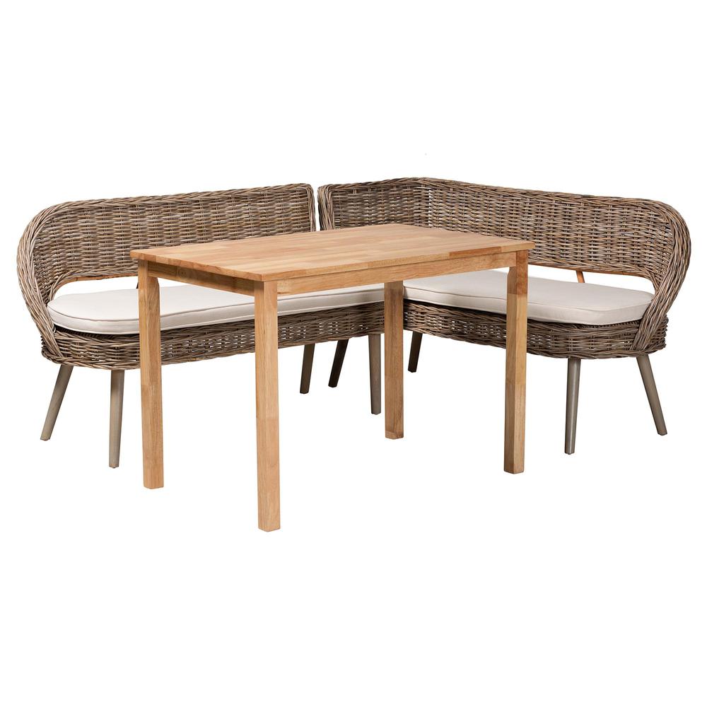 Modern Bohemian Natural Kubu Rattan Bench and Wood Table 3-Piece Dining Nook Set. Picture 12
