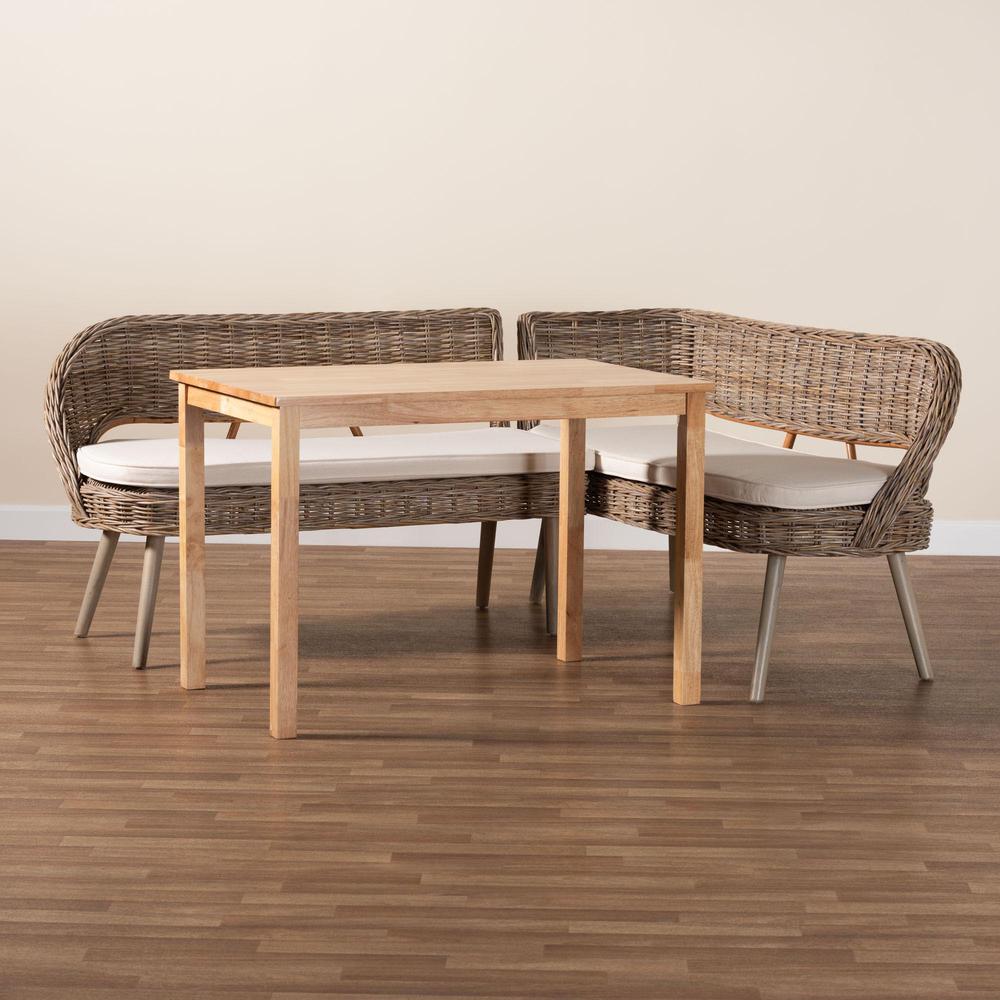 Modern Bohemian Natural Kubu Rattan Bench and Wood Table 3-Piece Dining Nook Set. Picture 21