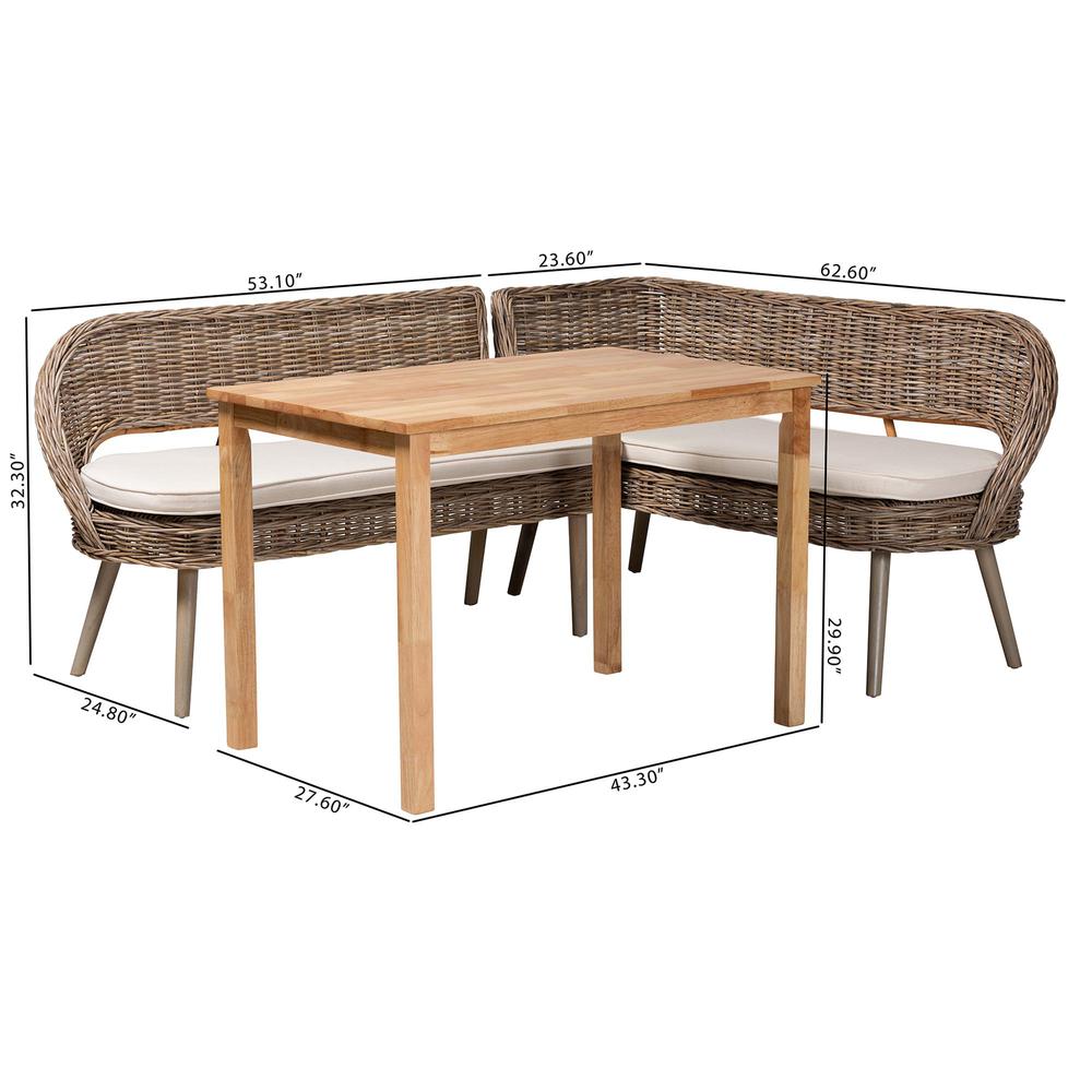 Modern Bohemian Natural Kubu Rattan Bench and Wood Table 3-Piece Dining Nook Set. Picture 22