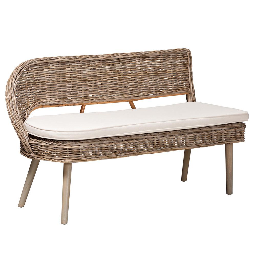 Modern Bohemian Natural Kubu Rattan Bench and Wood Table 3-Piece Dining Nook Set. Picture 13