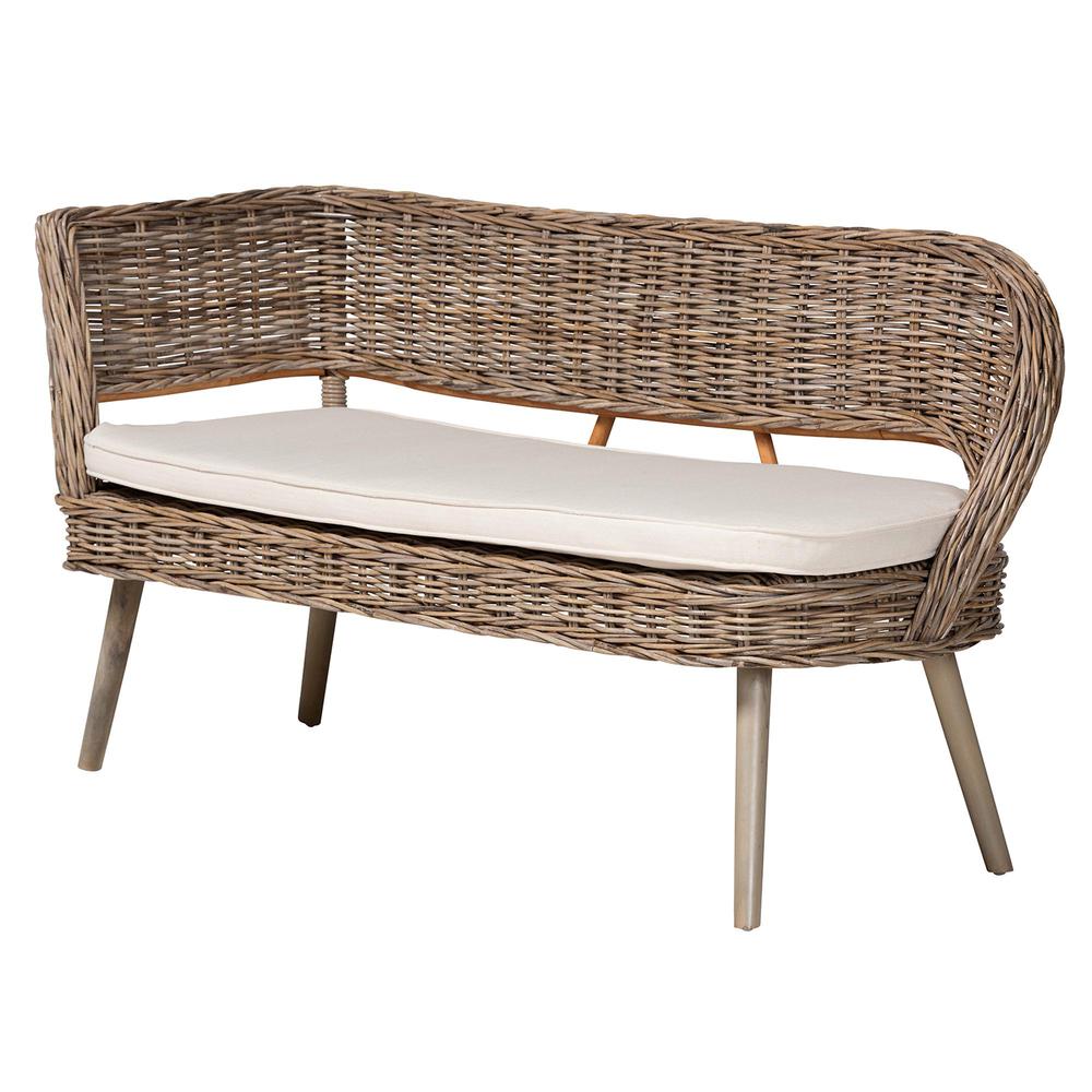 Modern Bohemian Natural Kubu Rattan Bench and Wood Table 3-Piece Dining Nook Set. Picture 14