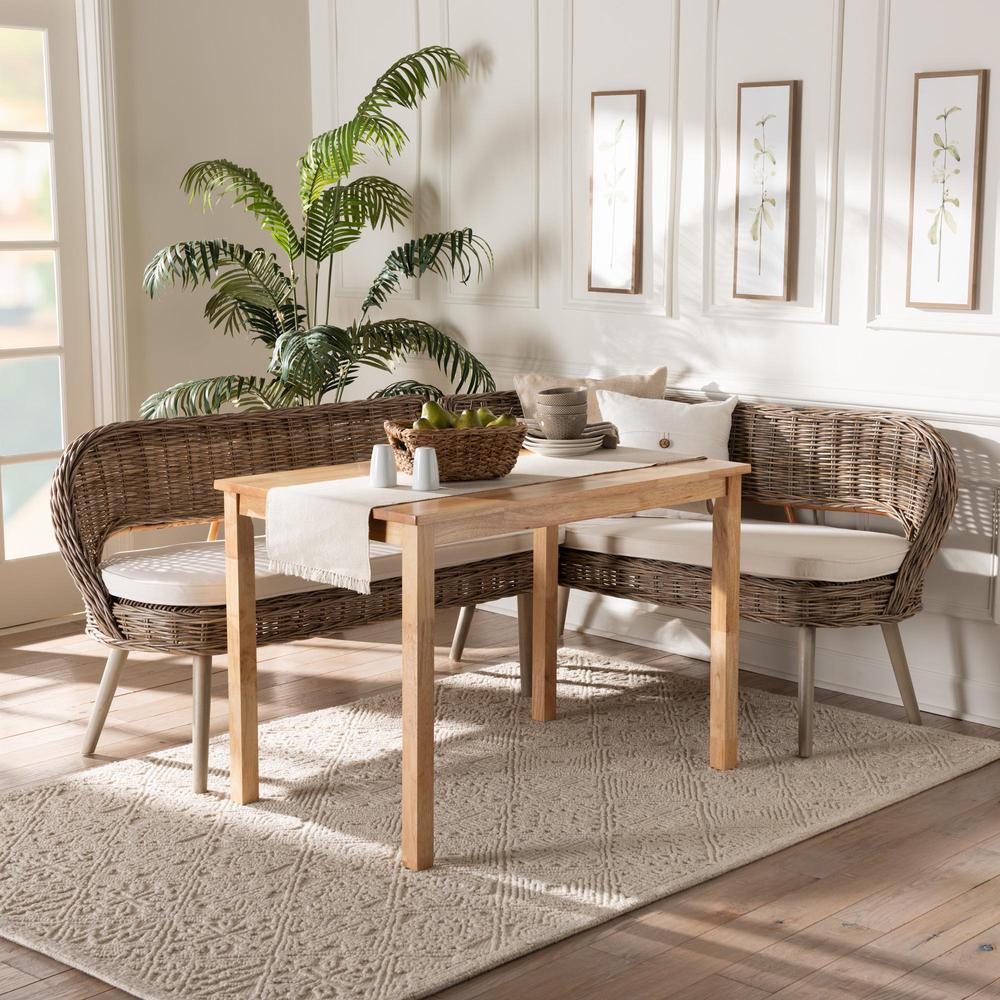Modern Bohemian Natural Kubu Rattan Bench and Wood Table 3-Piece Dining Nook Set. Picture 20