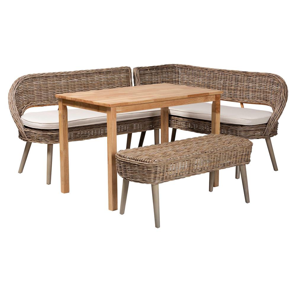 Modern Bohemian Natural Kubu Rattan Bench and Wood Table 4-Piece Dining Nook Set. Picture 13