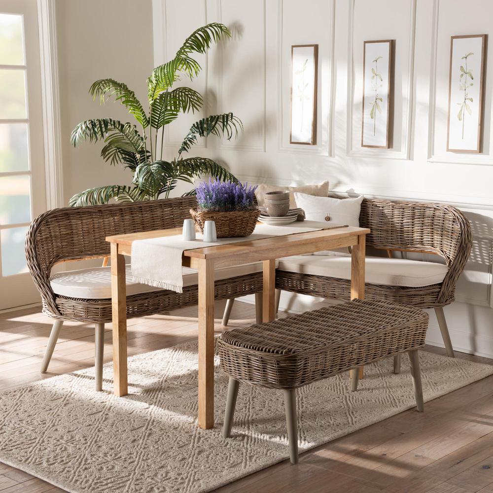 Modern Bohemian Natural Kubu Rattan Bench and Wood Table 4-Piece Dining Nook Set. Picture 22