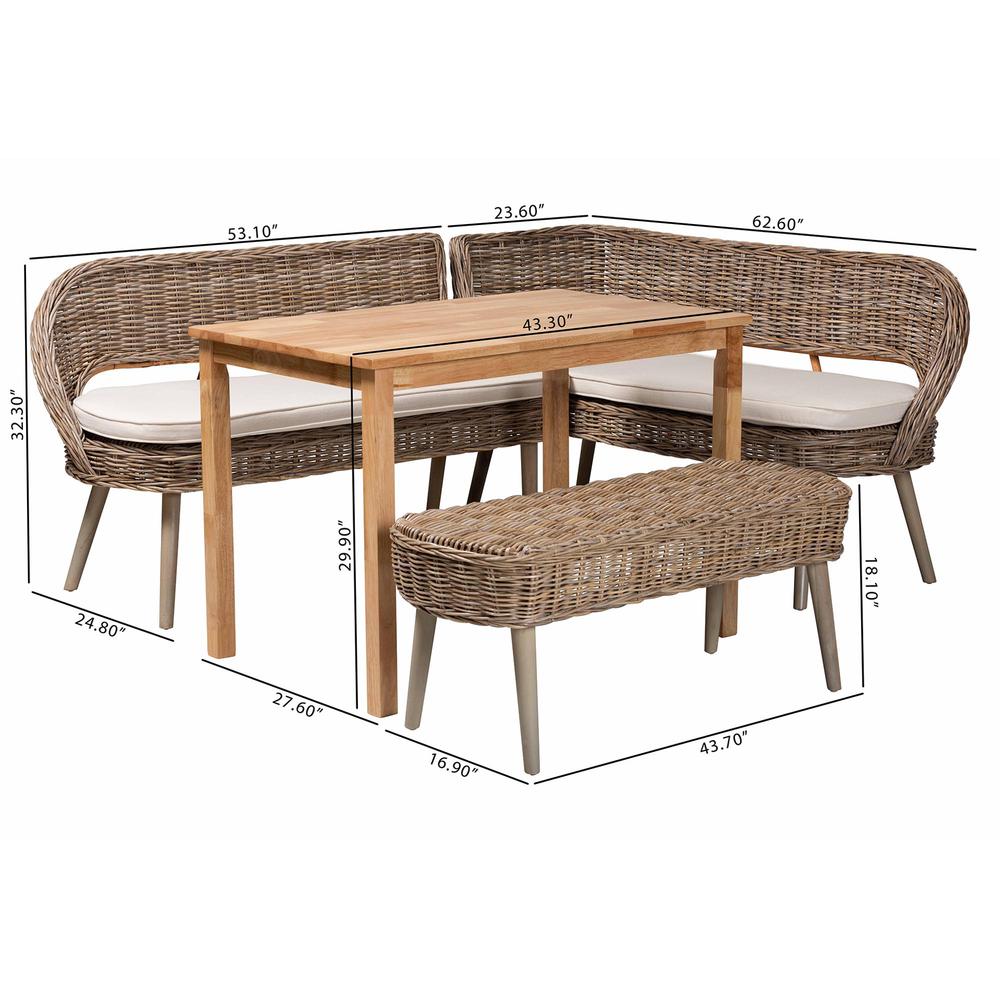 Modern Bohemian Natural Kubu Rattan Bench and Wood Table 4-Piece Dining Nook Set. Picture 24