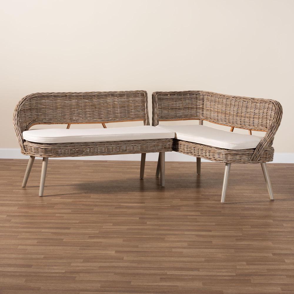 Natural Kubu Rattan and Grey Acacia Wood 2-Piece Dining Nook Banquette Set. Picture 17