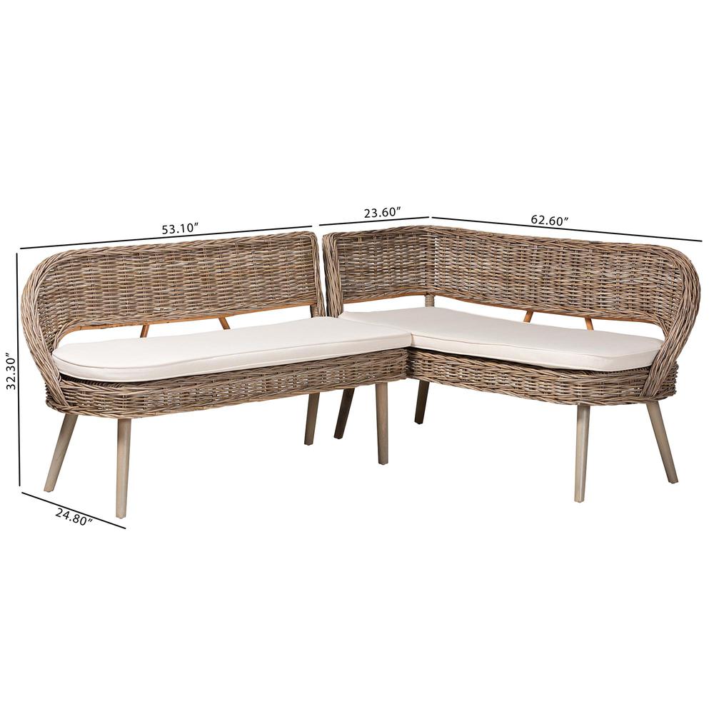 Natural Kubu Rattan and Grey Acacia Wood 2-Piece Dining Nook Banquette Set. Picture 18