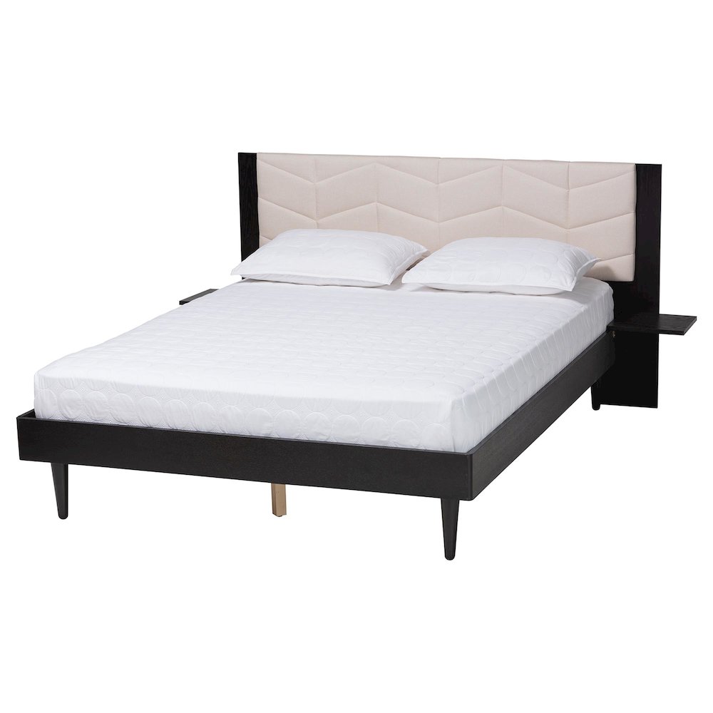 Beige Fabric and Black Wood Queen Size Bed with Built-In Side Tables. Picture 12