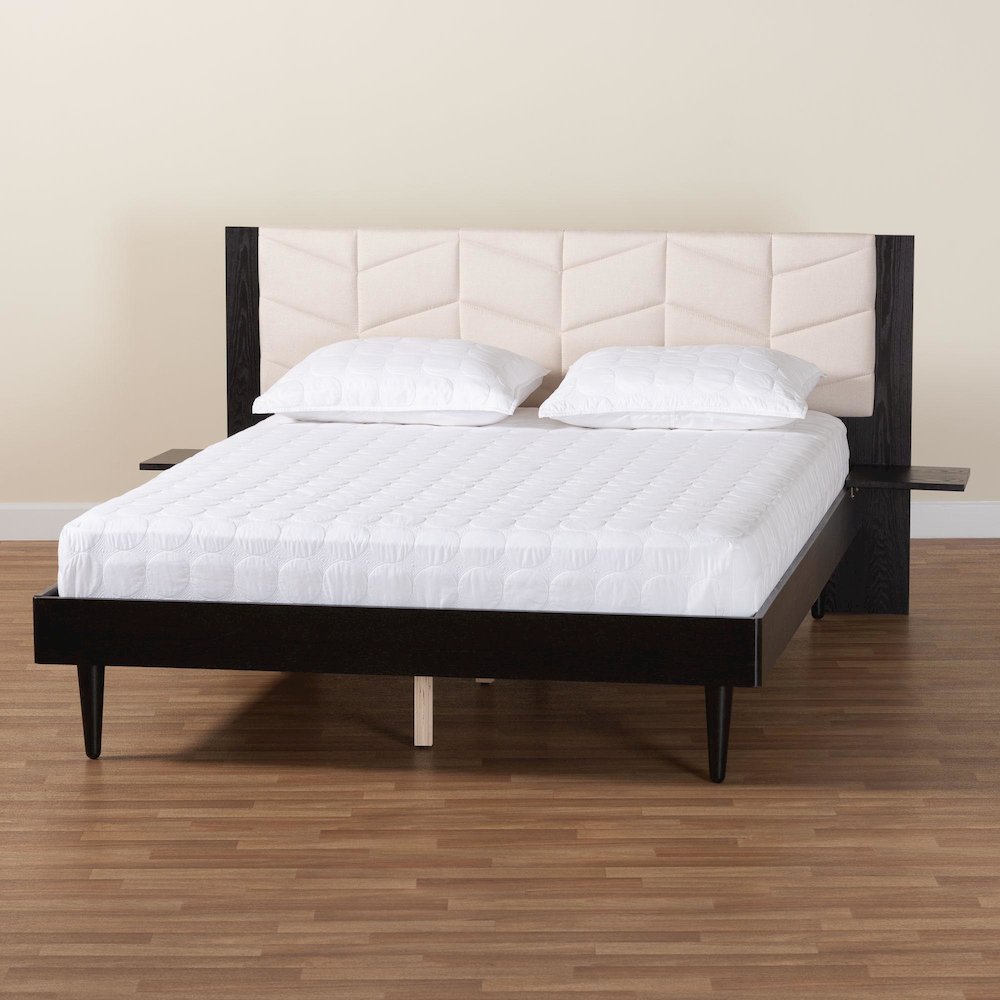 Beige Fabric and Black Wood Queen Size Bed with Built-In Side Tables. Picture 21