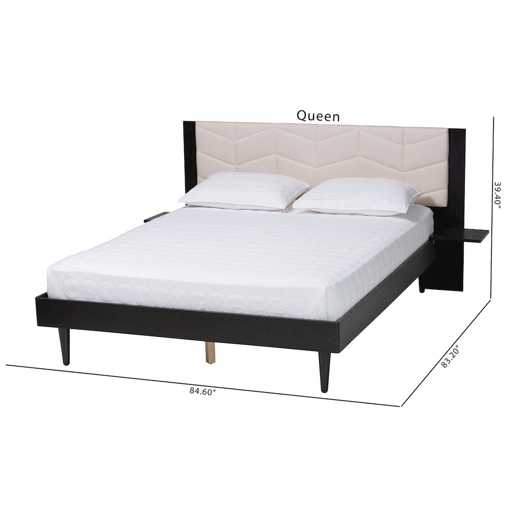 Beige Fabric and Black Wood Queen Size Bed with Built-In Side Tables. Picture 22