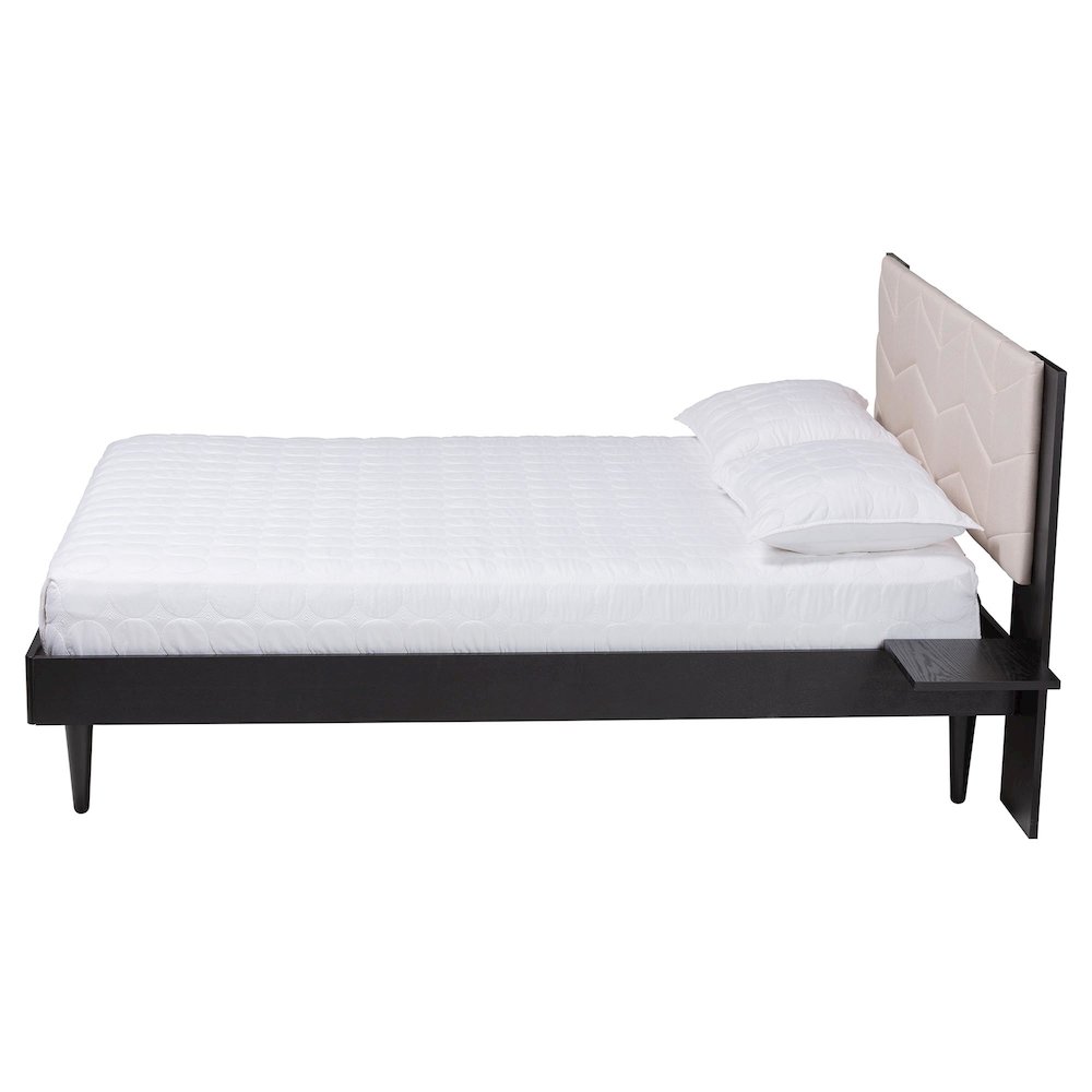 Beige Fabric and Black Wood Queen Size Bed with Built-In Side Tables. Picture 13